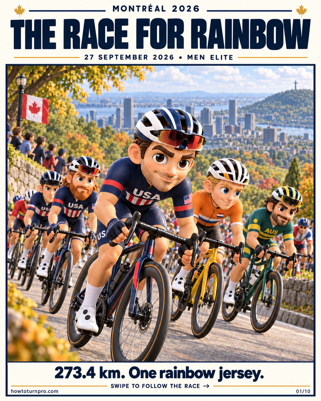 Vinyl 3D cycling illustration introducing the men’s elite World Championship road race in Montréal on 27 September 2026. McNulty in navy USA kit leads an illustrative montage of national-team riders. Title: The Race for Rainbow.