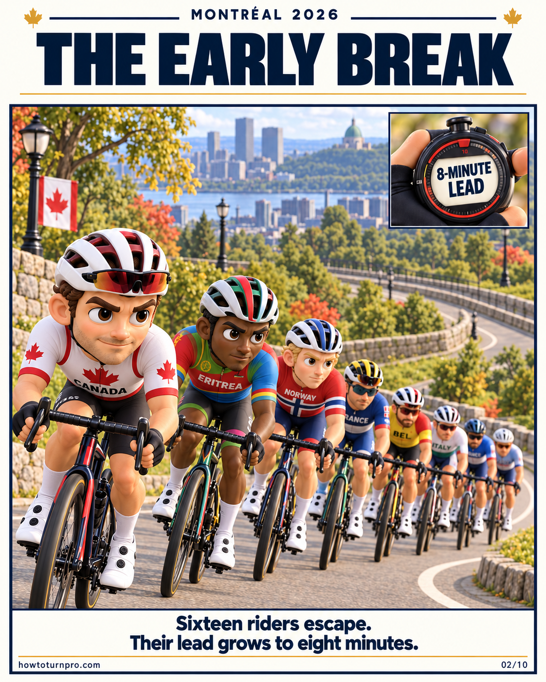 Riders representing Guillaume Boivin in Canada kit, Biniam Girmay in Eritrea kit and Andreas Leknessund in Norway kit lead the early break. Sixteen riders build an eight-minute advantage.