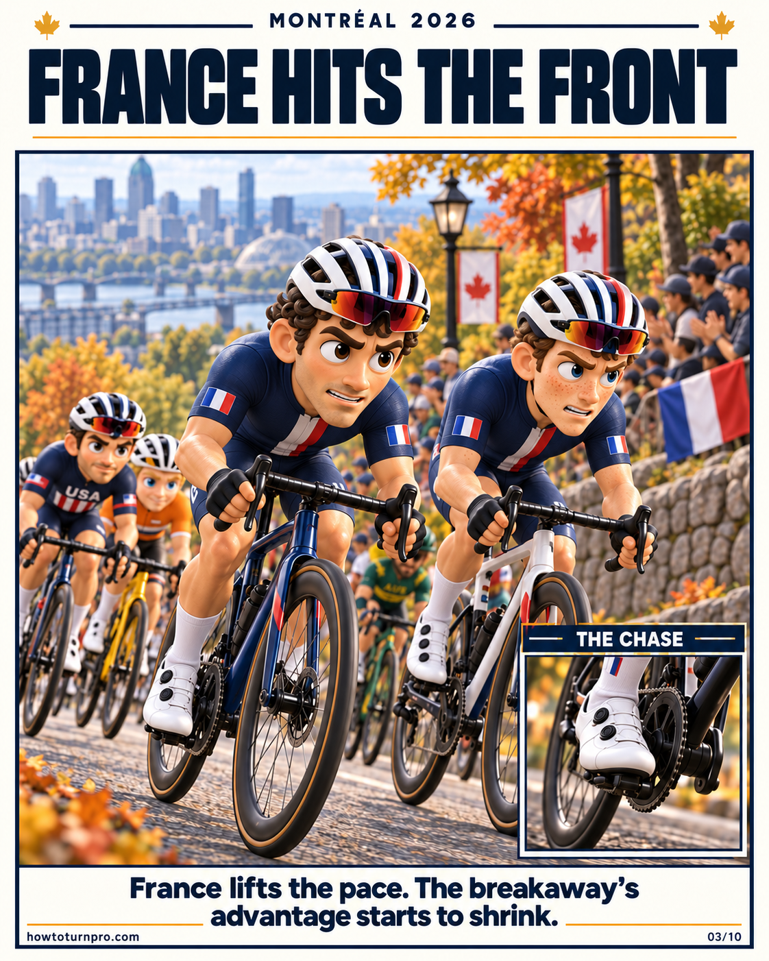 French riders increase the pace in the peloton as the breakaway’s advantage starts to shrink.
