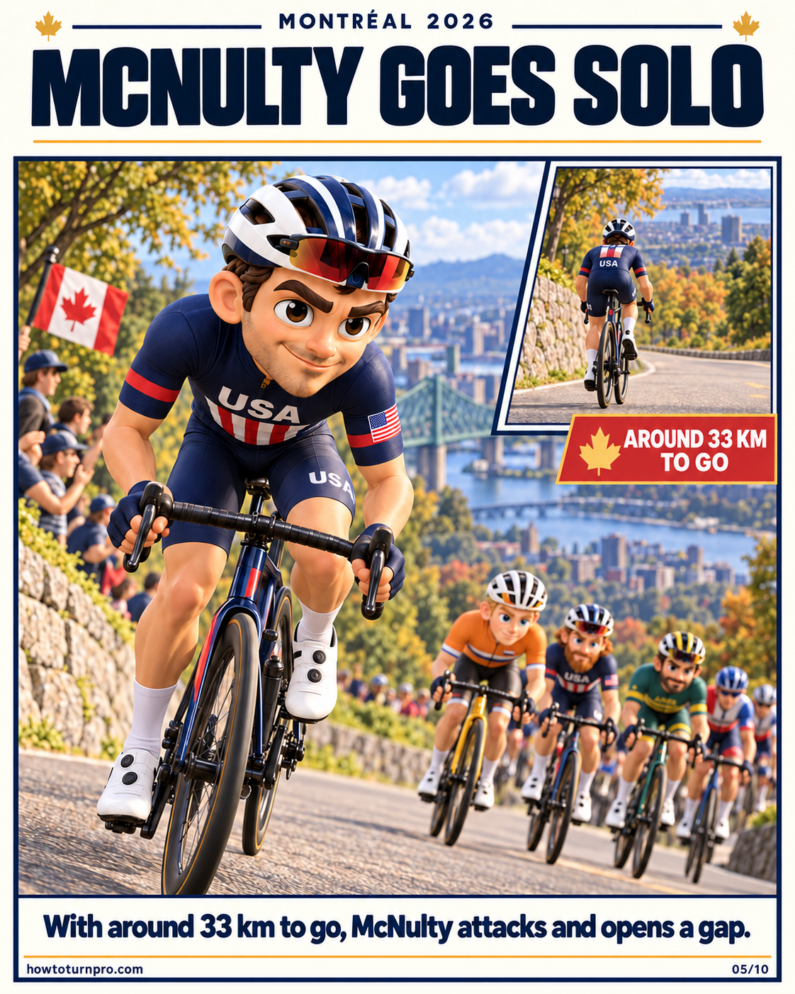 Brandon McNulty rides away alone in USA colours with around 33 kilometres remaining.