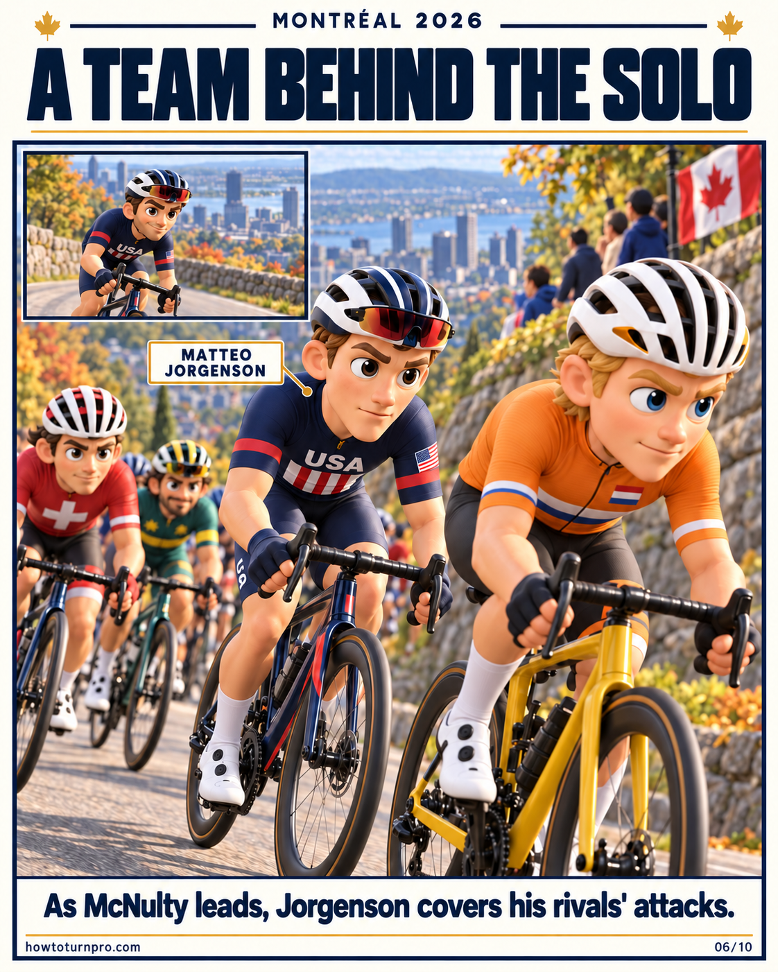 USA teammate Matteo Jorgenson covers rivals’ attacks behind McNulty. Title: A Team Behind the Solo.