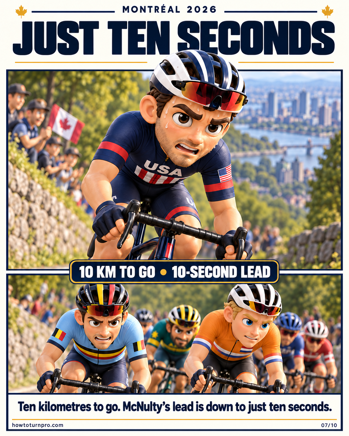 McNulty continues his solo effort as the chase approaches. Ten kilometres remain and his advantage is down to ten seconds.