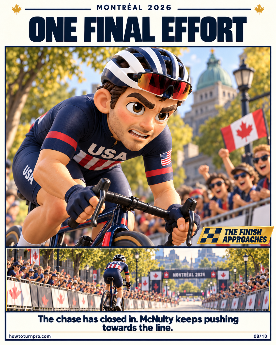 Close-up of McNulty pushing towards the finish, with an inset showing his solo ride. Title: One Final Effort.