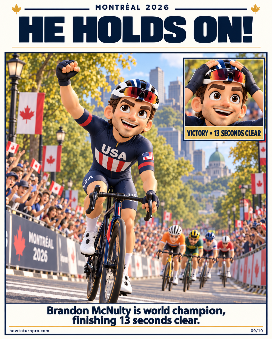 McNulty celebrates at the finish as world champion, thirteen seconds ahead. Title: He Holds On!