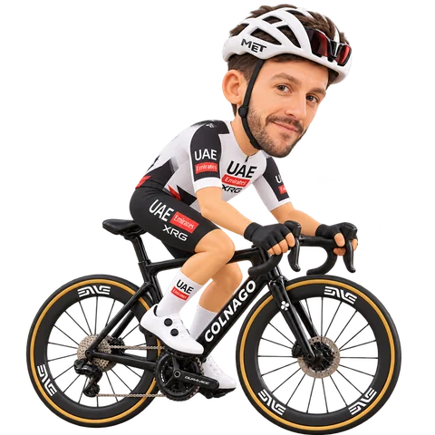 Illustration of Adam Yates in UAE Team Emirates-XRG's 2026 team kit