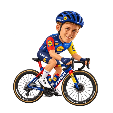 Illustration of Albert Withen Philipsen in Lidl–Trek's 2026 team kit