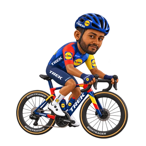 Illustration of Amanuel Ghebreigzabhier in Lidl–Trek's 2026 team kit