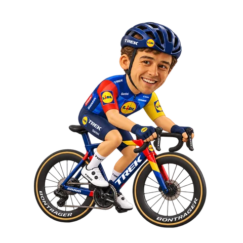 Illustration of Andrea Bagioli in Lidl–Trek's 2026 team kit
