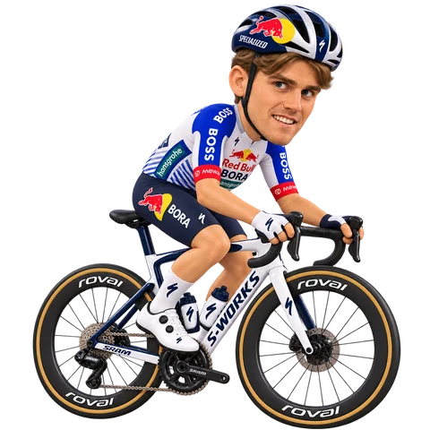 Illustration of Finn Fisher-Black in Red Bull–BORA–hansgrohe's 2026 team kit