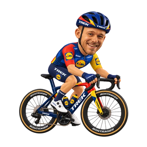 Illustration of Jonathan Milan in Lidl–Trek's 2026 team kit