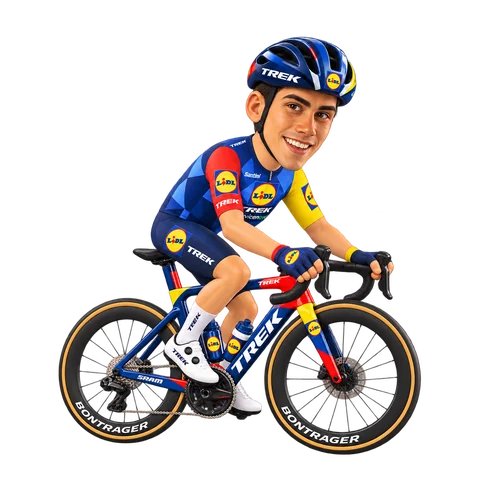 Illustration of Juan Ayuso in Lidl–Trek's 2026 team kit
