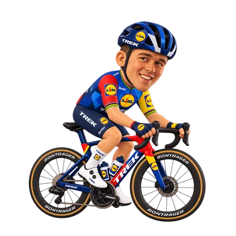 Illustration of Mads Pedersen in Lidl–Trek's 2026 team kit