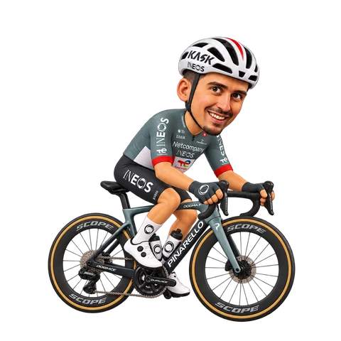 Illustration of Óscar Rodríguez in Netcompany INEOS's 2026 team kit