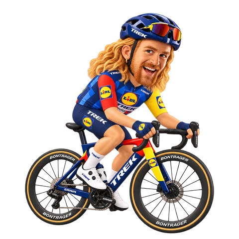 Illustration of Quinn Simmons in Lidl–Trek's 2026 team kit