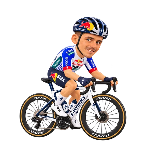 Illustration of Remco Evenepoel in Red Bull–BORA–hansgrohe's 2026 team kit