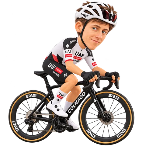 Illustration of Tadej Pogačar in UAE Team Emirates-XRG's 2026 team kit
