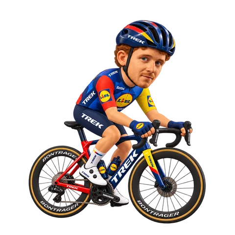 Illustration of Tao Geoghegan Hart in Lidl–Trek's 2026 team kit
