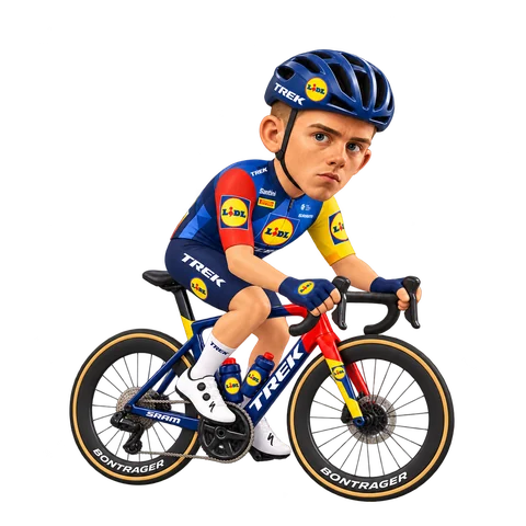 Illustration of Thibau Nys in Lidl–Trek's 2026 team kit